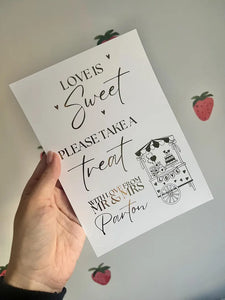 Love is sweet please take a treat Foil Wedding Print - personalised sweet cart
