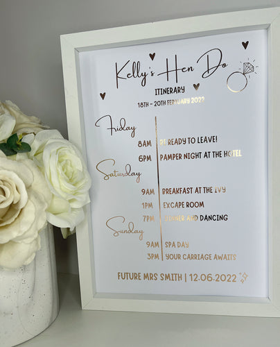 Hen Do Bride to be Itinerary