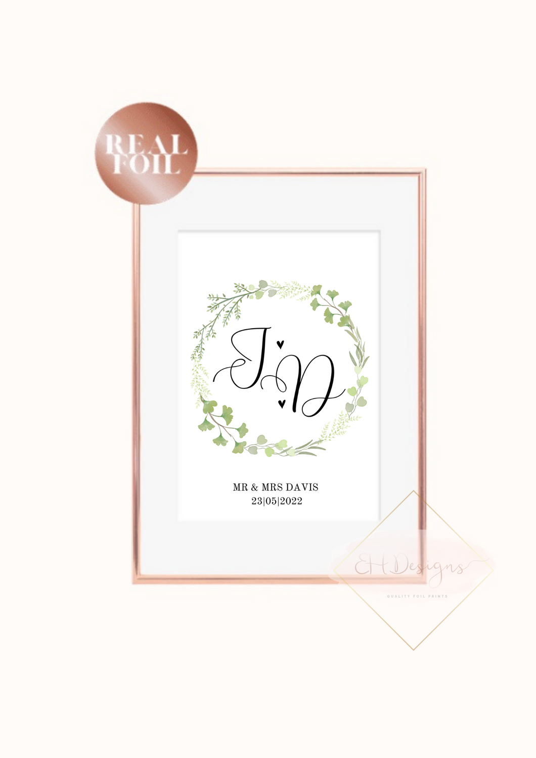 Mr & Mrs Wreath wedding gift Foil Wedding Print