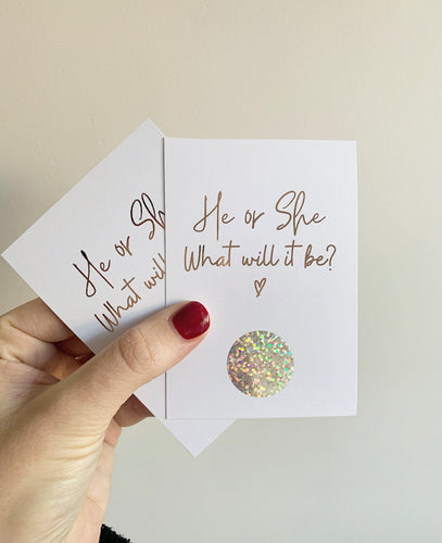 He or She baby gender reveal scratch off cards
